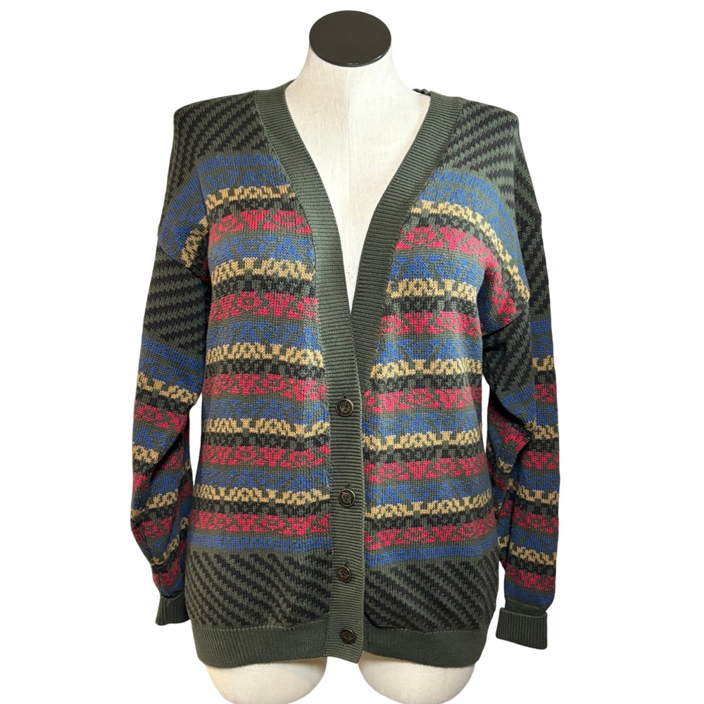 Dockers 90s Green Fair Isle Cotton Cardigan Sweater Womens‎ Medium